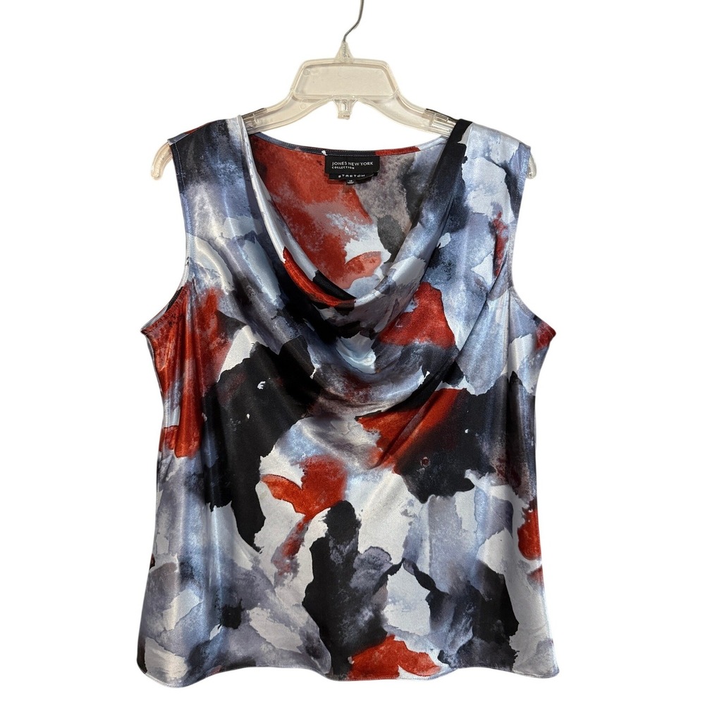 Jones New York Blouse Womens 14 Red Blue Abstract Cowl Neck Stretch Tank Top